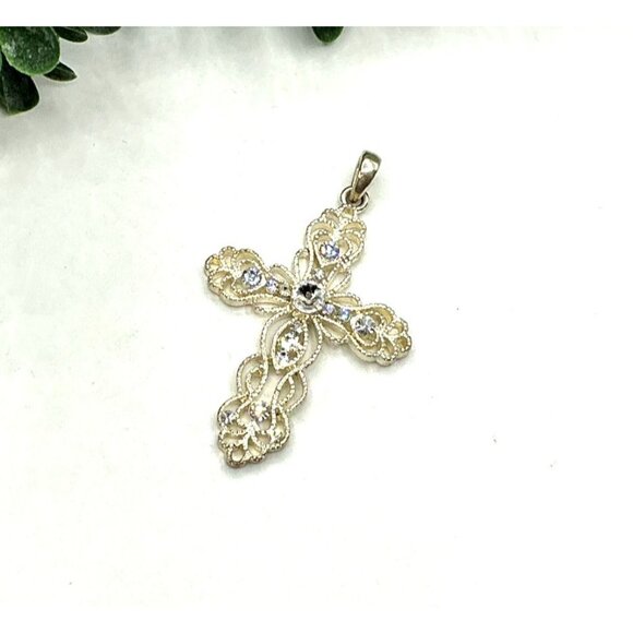 Vintage Silver-Tone Filigree Cross Pendant With Rhinestones - Picture 2 of 6